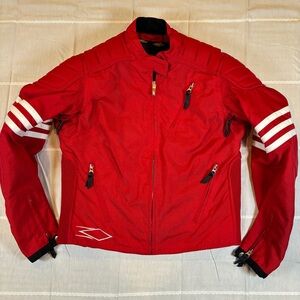 Power Trip Red Nylon Motorcycle Jacket Y2K Moto Streetwear - Size S